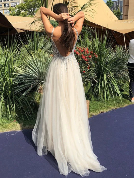 Elegant A-Line Deep V Sleeveless Beaded Champagne Prom Dress