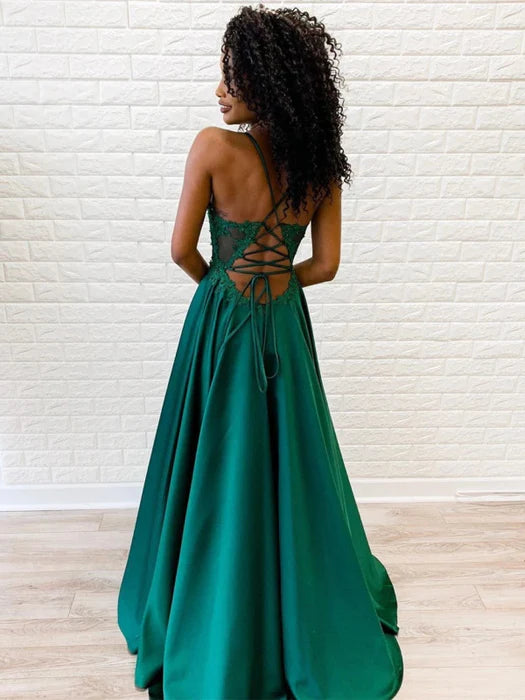 Elegant A-Line Deep V Spaghetti Strap Lace Green Floor-Length Prom Dress