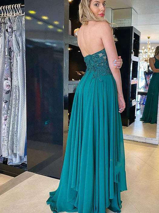 Elegant A-Line Halter Lace Teal Floor-Length Prom Dress