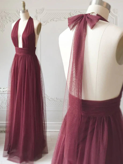 Elegant A-Line Halter Neck Tulle Burgundy Floor-Length Prom Dress