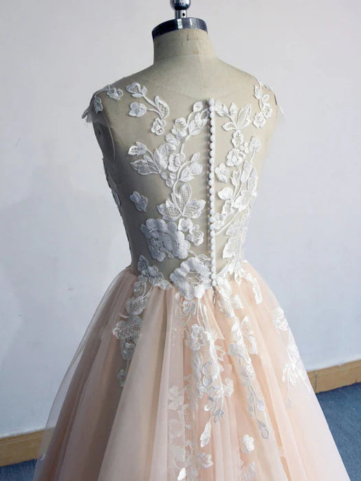 Elegant A-Line Illusion Neck Cap Sleeve Lace Champagne Prom Dress