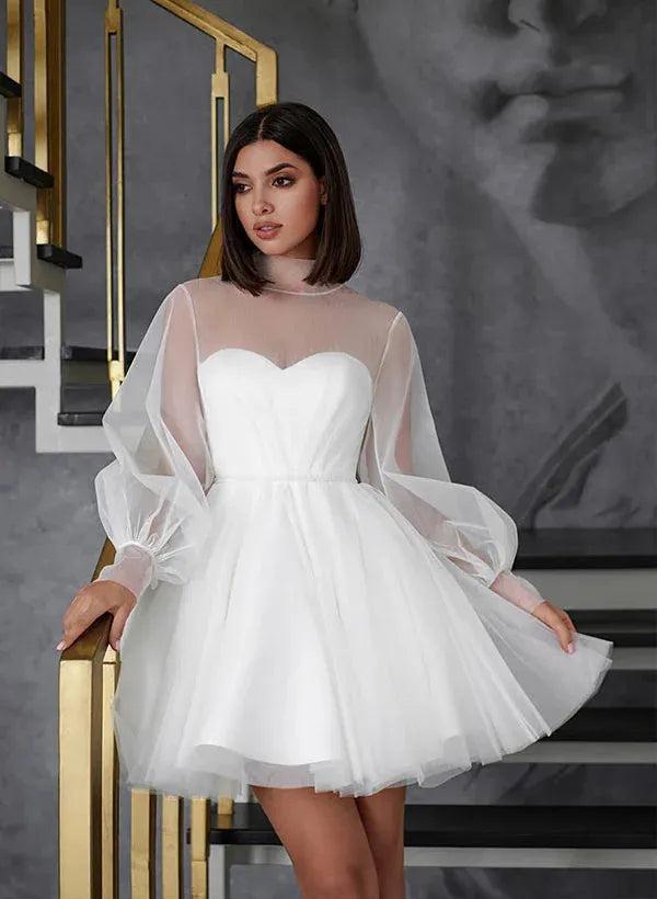 Elegant A-Line Illusion Neck Long Sleeves Bow Tulle White Mini Homecoming Dress