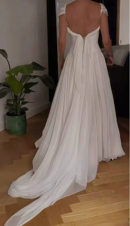 Elegant A-Line Jewel Neck Cap Sleeve Chiffon Chapel Train Prom Dress