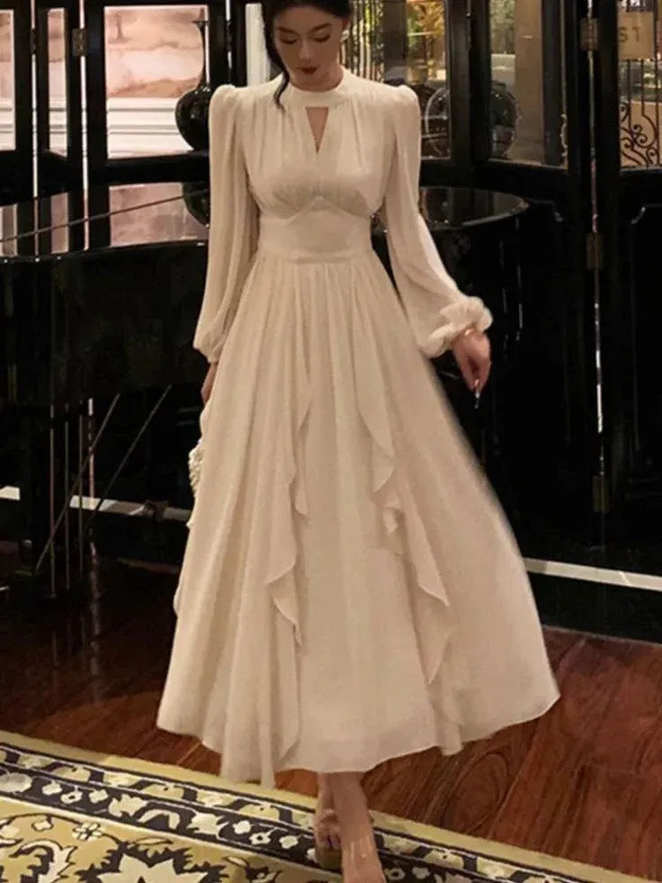 Elegant A-Line Keyhole-Neck Long Puff-Sleeve Chiffon Ivory Midi Evening Dress for Women