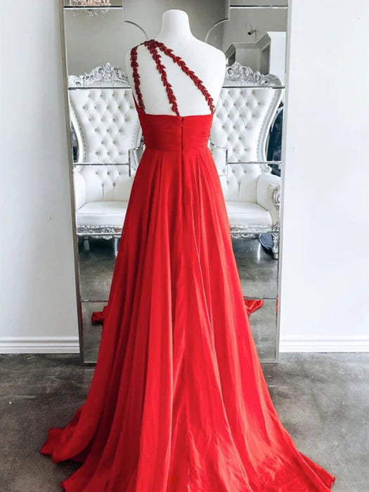 Elegant A-Line One Shoulder Beaded Red Floor-Length Prom Dress