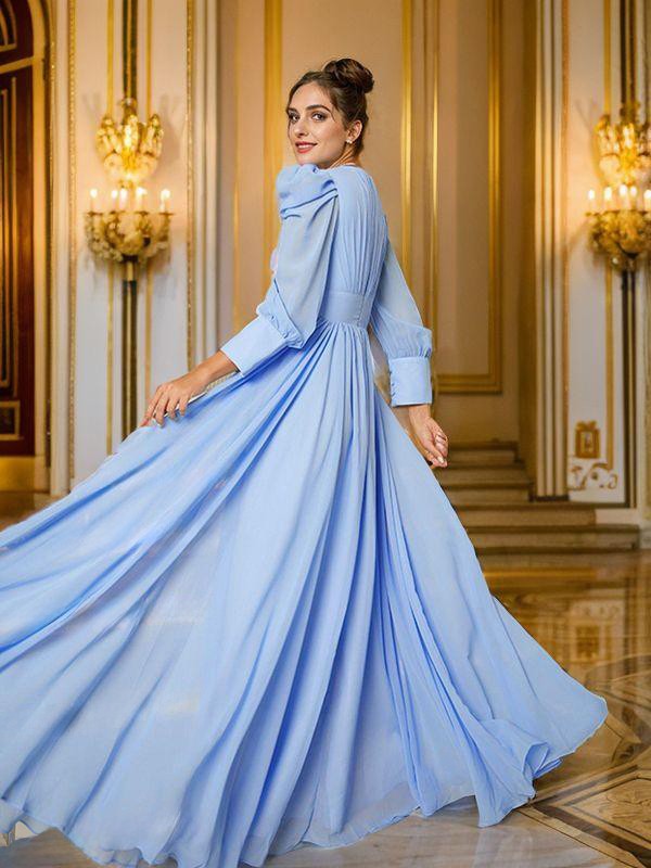 Elegant A-Line/Princess Chiffon Ruched V-neck Long Sleeves Floor-Length Dresses