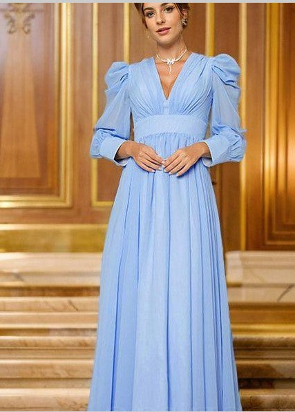 Elegant A-Line/Princess Chiffon Ruched V-neck Long Sleeves Floor-Length Dresses