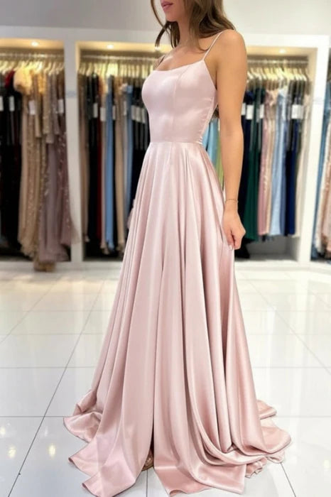 Elegant A-Line Spaghetti Straps Satin Floor-Length Prom Dress