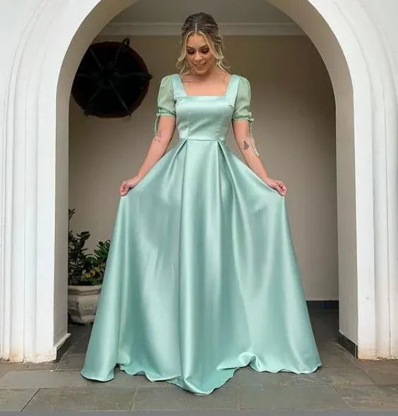 Elegant A-Line Square Neck Puff Sleeve Satin Mint Green Floor-Length Prom Dress