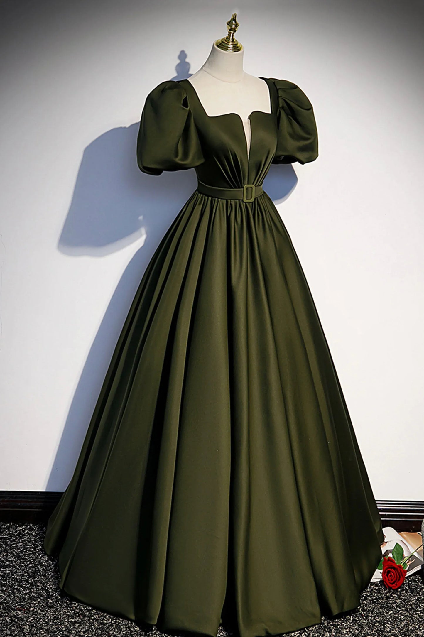 Elegant A-Line Square Neck Short Sleeve Lace Up Floor-Length Prom Dress