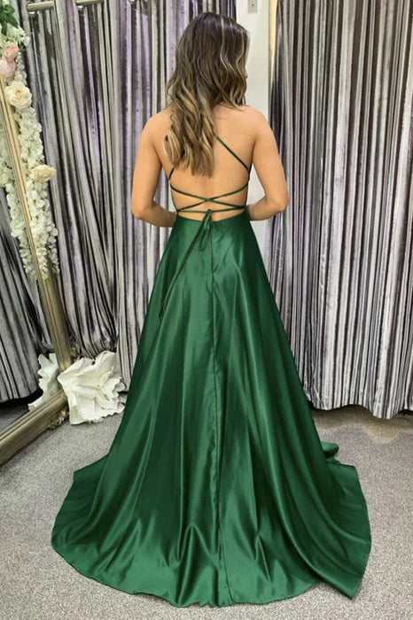 Elegant A-Line Square Neck Spaghetti Strap Satin Emerald Green Prom Dress