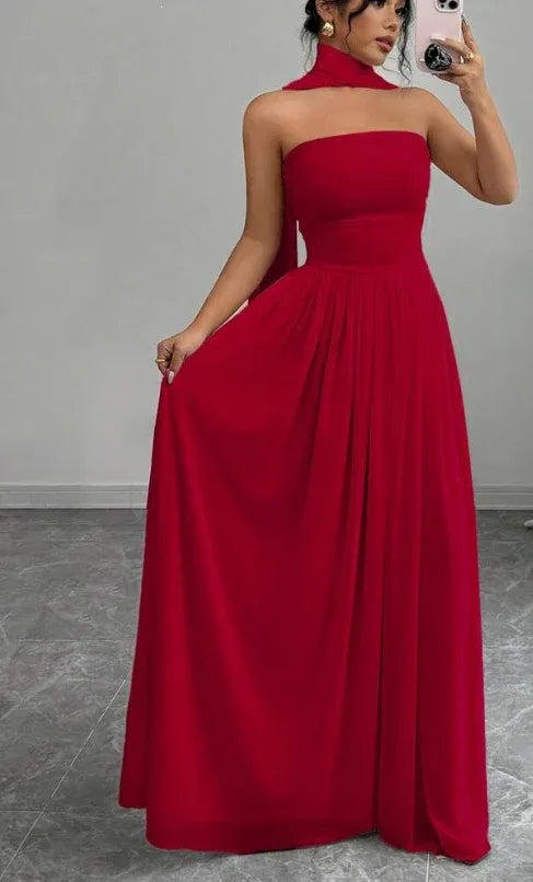 Elegant A-Line Strapless Sleeveless Chiffon Solid Color Sweep Train Evening Dress