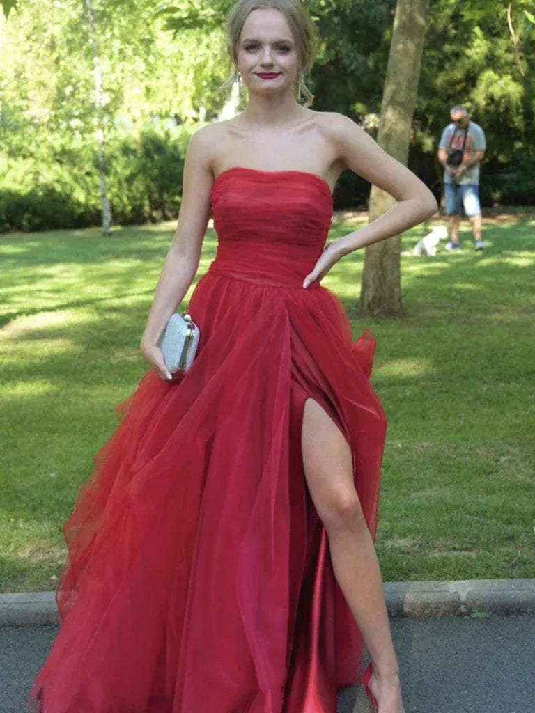 Elegant A-Line Strapless Sleeveless Lace Up Sweep/Brush Train Prom Dress