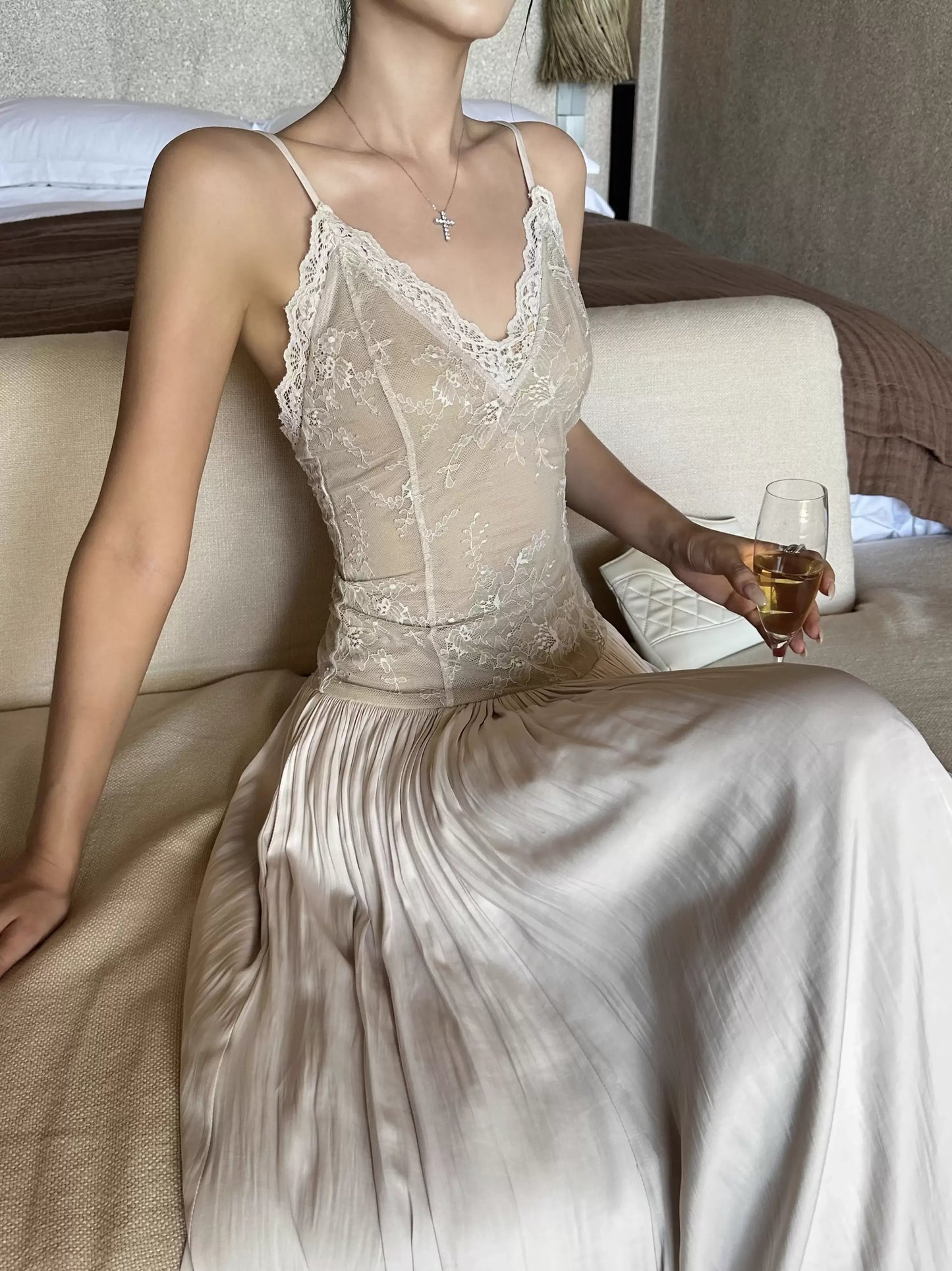 Elegant A-Line V-Neck Sleeveless Lace Champagne Maxi Prom Dress for Women Ready to Ship