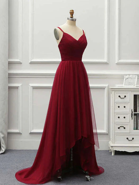 Elegant A-Line V-Neck Spaghetti Strap Burgundy High-Low Prom Dress
