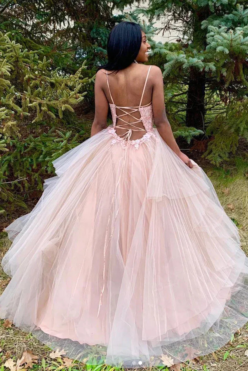 Elegant A-Line V Neck Sleeveless Backless Sweep/Brush Train Prom Dress