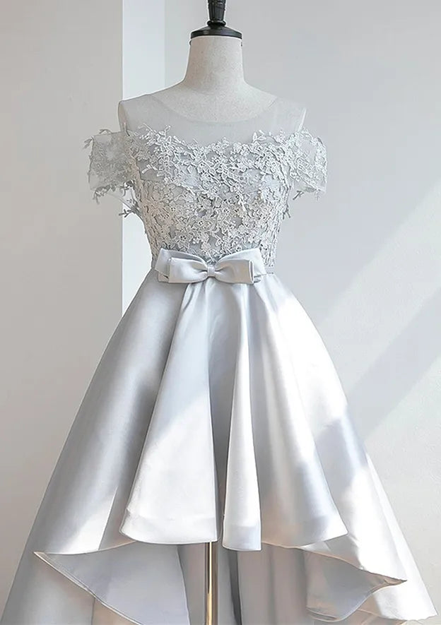 Elegant A-line Off-the-Shoulder Lace Satin Silver High-Low Evening Dress For Women