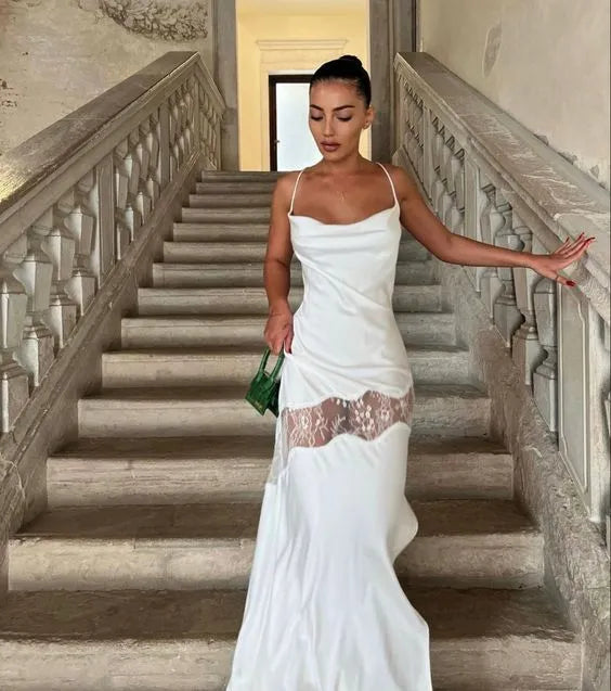 Elegant A-line Spaghetti Strap Lace Insert Crisscross Back Maxi Party Dress