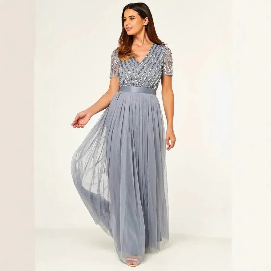 Elegant A-line V-neck Short-sleeved Sequin Dusty Grey Maxi Prom Dress for Women Hot Sale