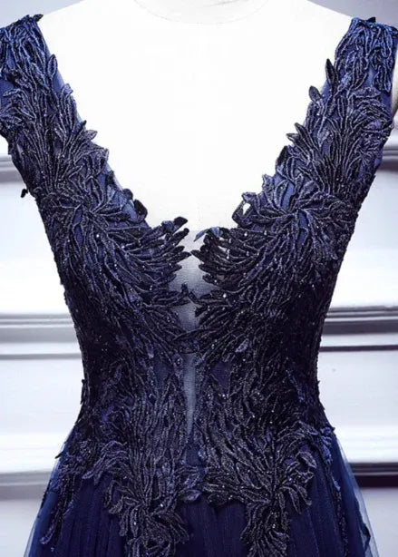 Elegant A-line V-neck Sleeveless Lace Navy Blue Maxi Prom Dress for Women Ready to Ship