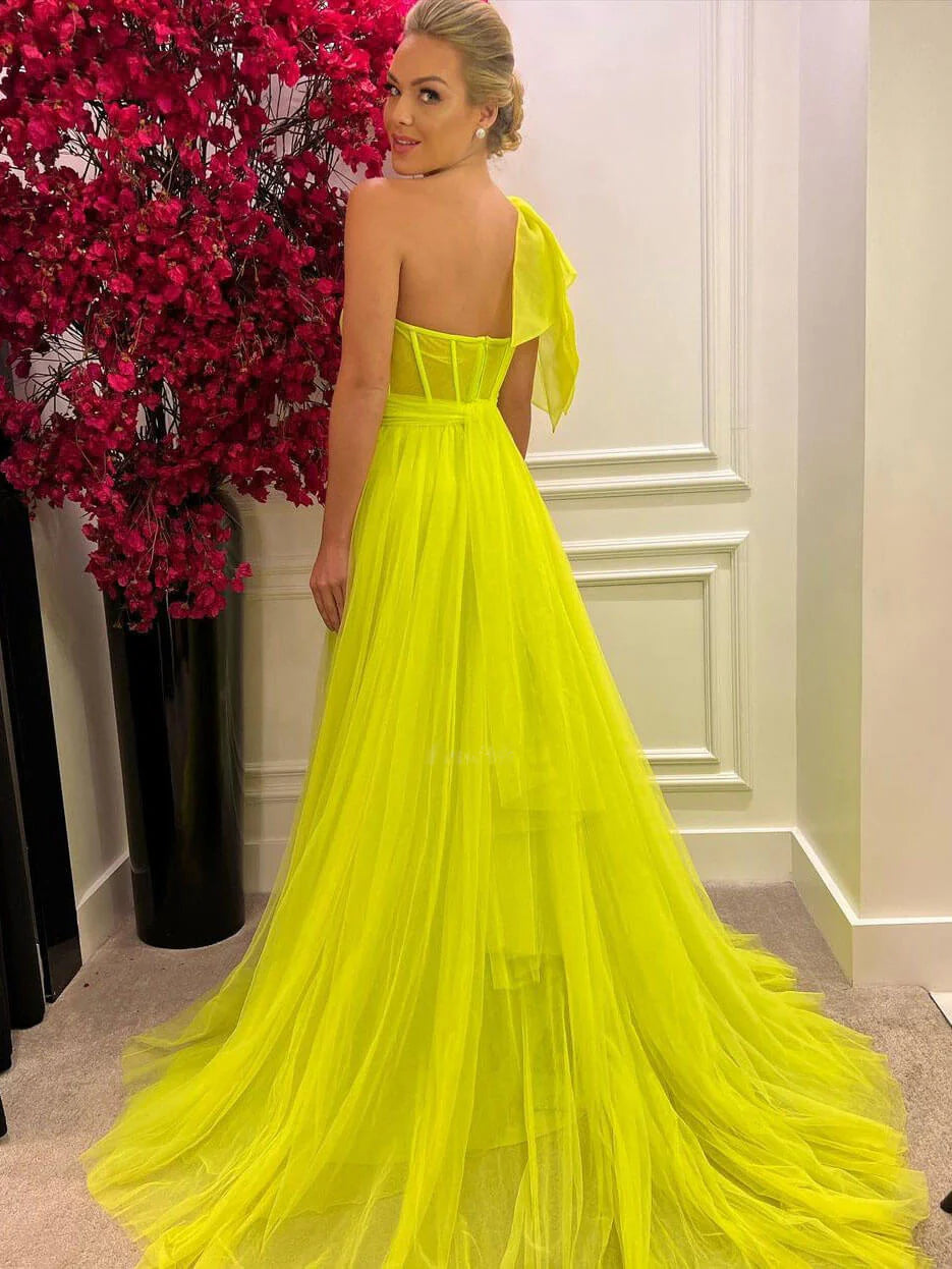 Elegant A Line One Shoulder Sleeveless Backless Sweep/Brush Train Prom Dress