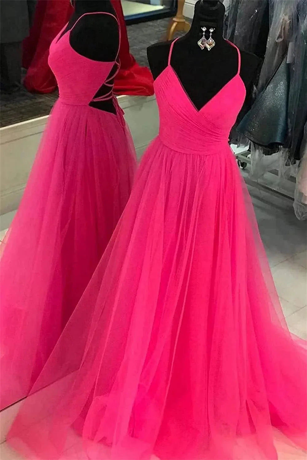 Elegant A Line Spaghetti Straps Sleeveless Backless Floor-Length Prom Dress