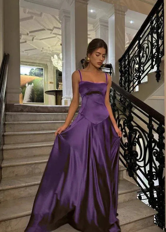 Elegant A Line Spaghetti Straps Sleeveless Satin Floor-Length Prom Dress