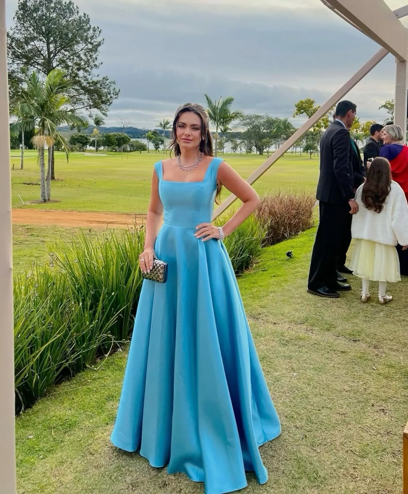 Elegant A Line Square Neck Sleeveless Zipper Back Floor Length Evening Dress