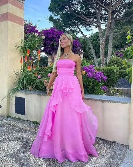 Elegant A line Strapless Sleeveless Organza Floor-Length Prom Dress