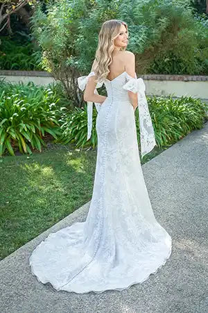 Elegant Alyssa Organza Fit aand Flare Gown with Gathered Bodice and Bow Sash Sleeves