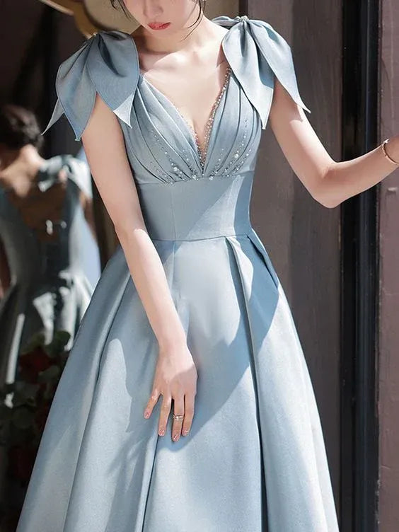 Elegant Ballgown V-Neck Sleeveless Bow-Accented Dusty-Blue Maxi Prom Dress for Women Custom