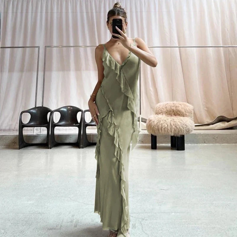 Elegant Bodycon V Neck Sleeveless Ruffles Chiffon Floor-Length Prom Dress