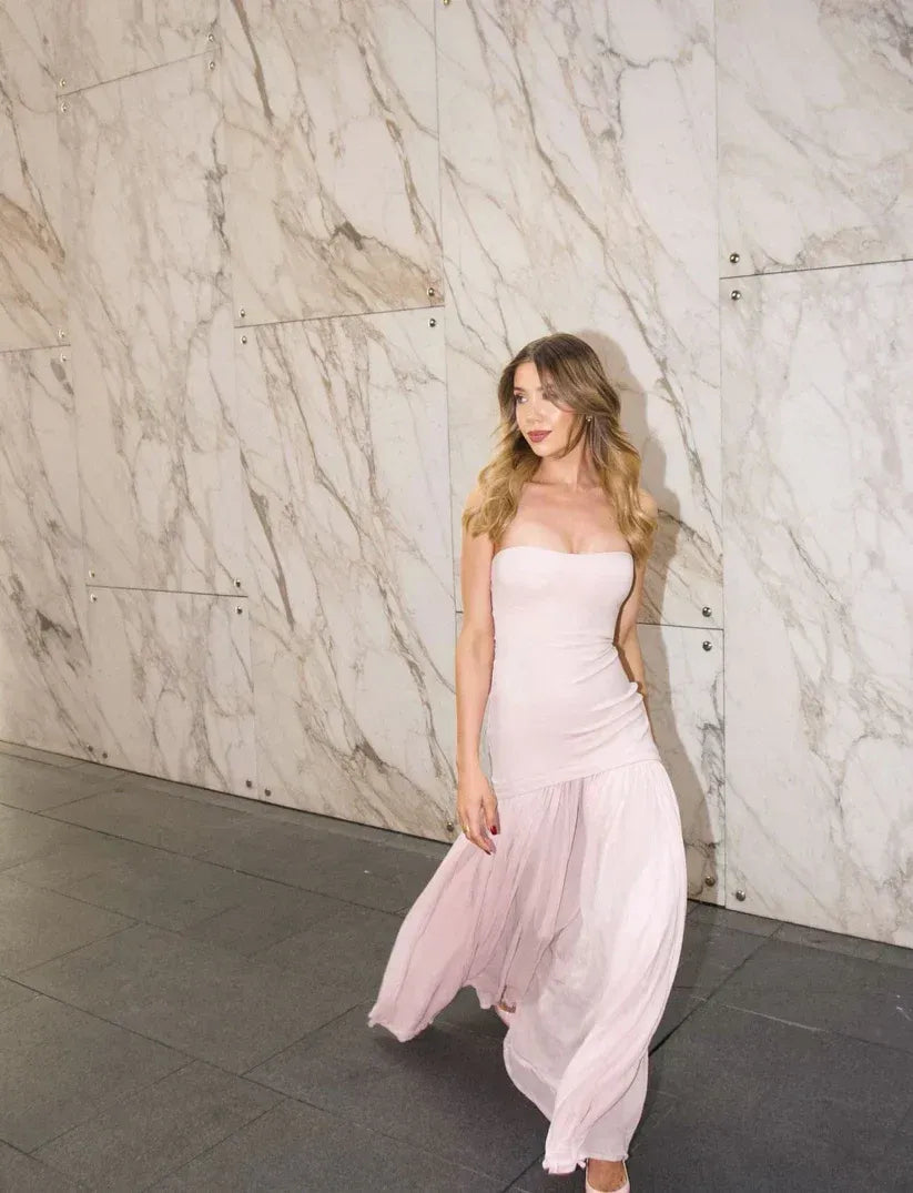 Elegant Column Strapless Pleated Blush Maxi Prom Dress for Women ready to ship