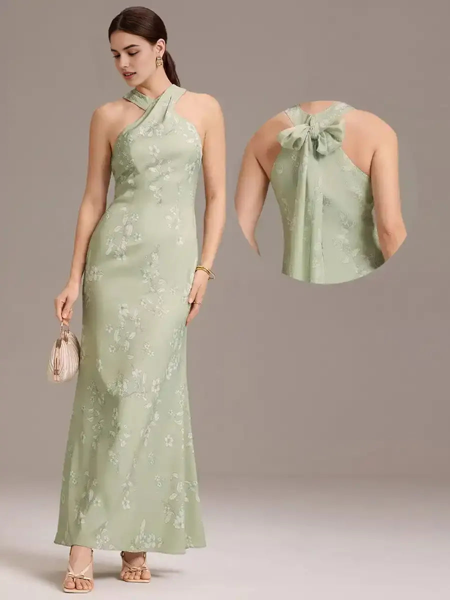 Elegant Cross Halter Neck Floral Satin Bridesmaid Dress with Bow Back