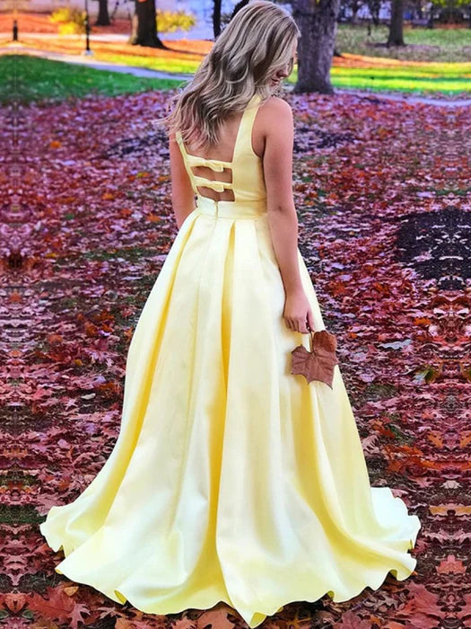 Elegant Deep V Sleeveless Satin Yellow Floor-Length Prom Dress