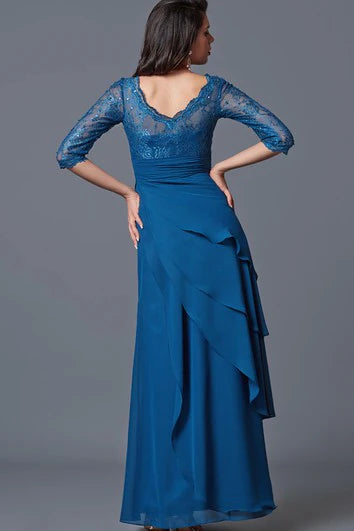 Elegant Half Sleeve V-neck Layered Lace And Chiffon Long Formal Dress Low-V Back Mother Dress