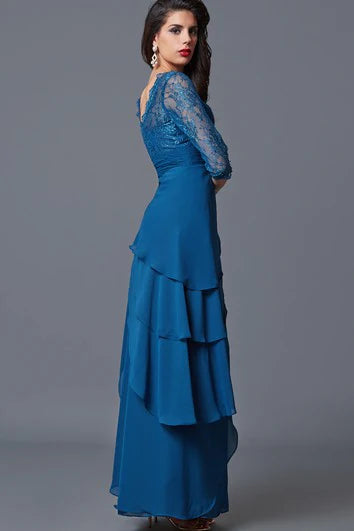 Elegant Half Sleeve V-neck Layered Lace And Chiffon Long Formal Dress Low-V Back Mother Dress