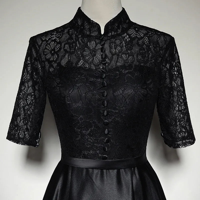Elegant Lace-Satin Long Evening Dress Black Mandarin-Collar Party Gown for Women
