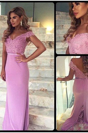 Elegant Lace Appliques Mermaid Prom Dress Off-The-Shoulder Sweep/Brush Train Sleeveless