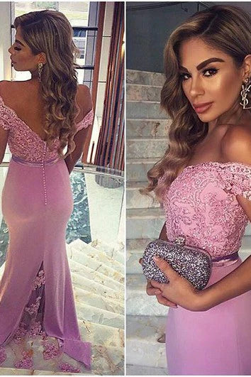 Elegant Lace Appliques Mermaid Prom Dress Off-The-Shoulder Sweep/Brush Train Sleeveless