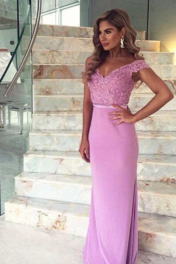 Elegant Lace Appliques Mermaid Prom Dress Off-The-Shoulder Sweep/Brush Train Sleeveless