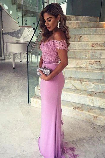 Elegant Lace Appliques Mermaid Prom Dress Off-The-Shoulder Sweep/Brush Train Sleeveless