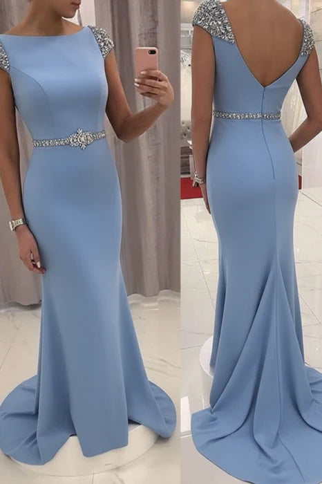 Elegant Mermaid Boat Neck Cap Sleeve Beaded Evening Dress