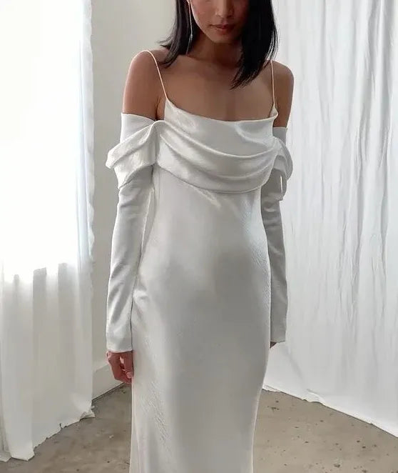 Elegant Mermaid Spaghetti Strap Long Sleeve Open Back White Train Wedding Dress