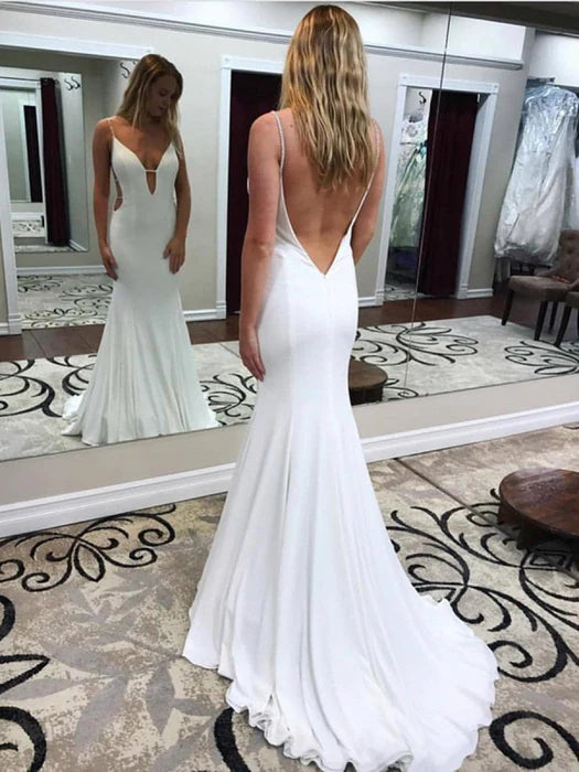 Elegant Mermaid Deep V-Neck Backless Sleeveless White Prom Dress