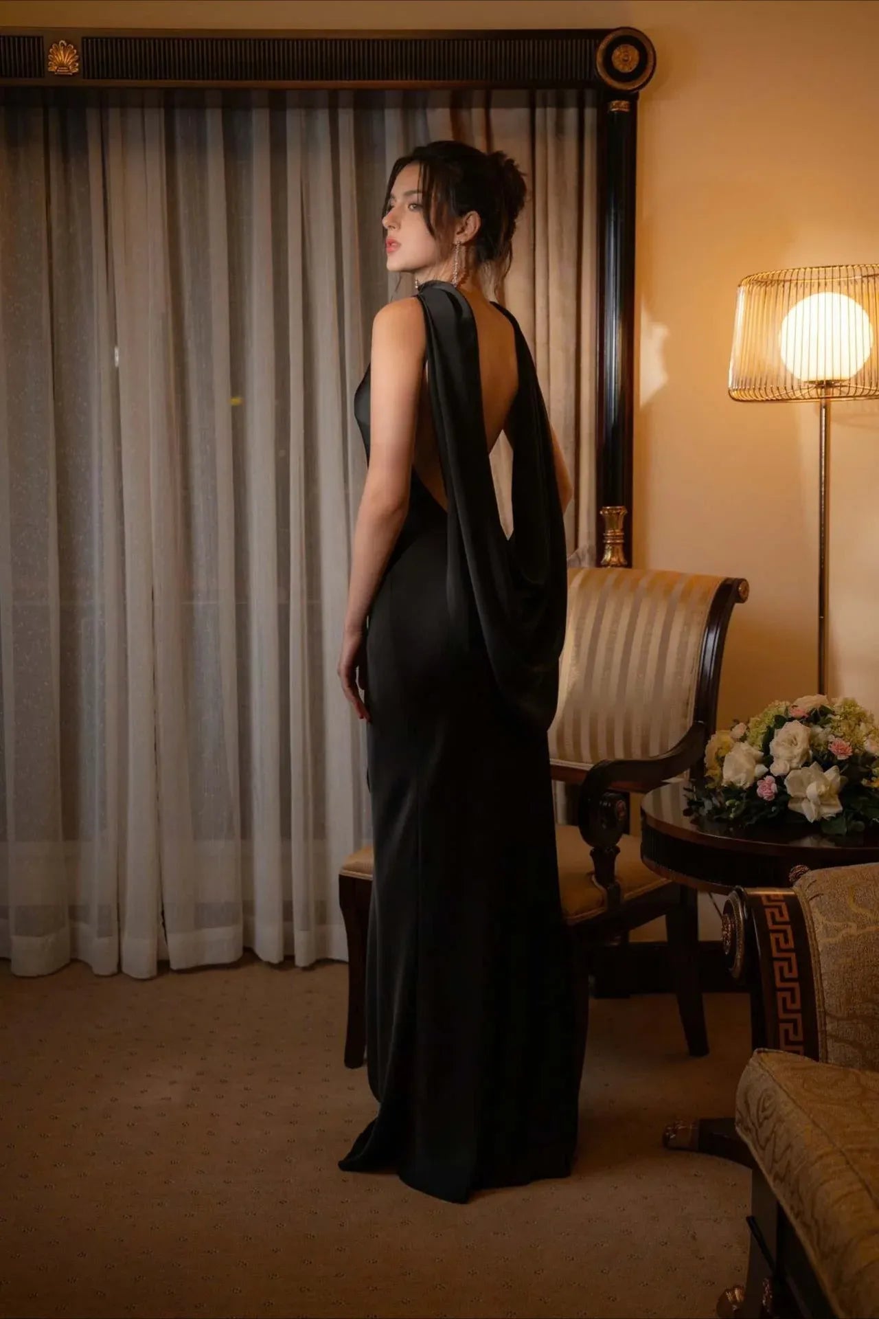 Elegant Mermaid High-Neck Draped-Cowl Satin Ivory Floor-Length Prom Dress