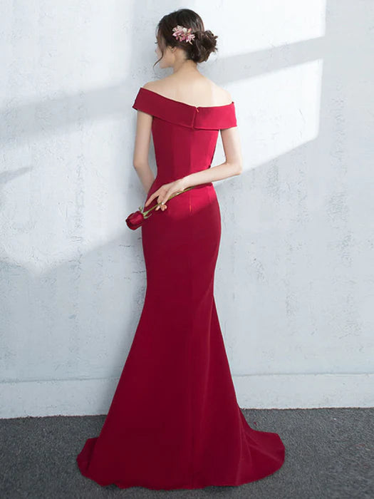 Elegant Mermaid Off-Shoulder Short Sleeve Burgundy Prom Dress