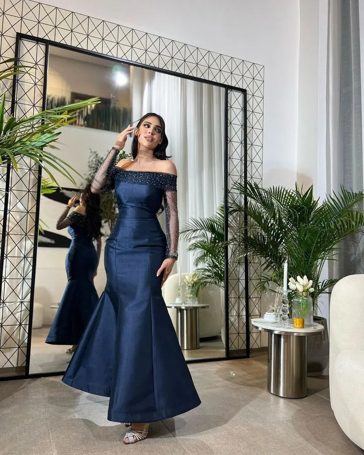 Elegant Mermaid Off the Shoulder Long Sleeve Sequins Satin Ankle-Length Prom Dress