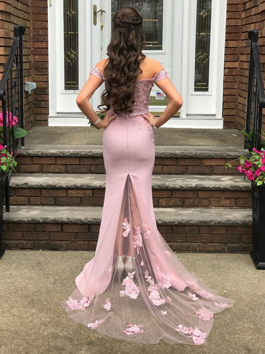 Elegant Mermaid Off the Shoulder Sleeveless Backless Chapel Train Prom Dress