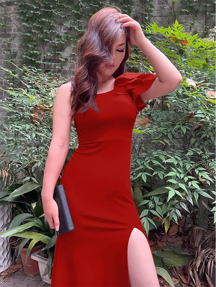 Elegant Mermaid One Shoulder Sleeveless Back Zip Floor-Length Side Slit prom dress for women